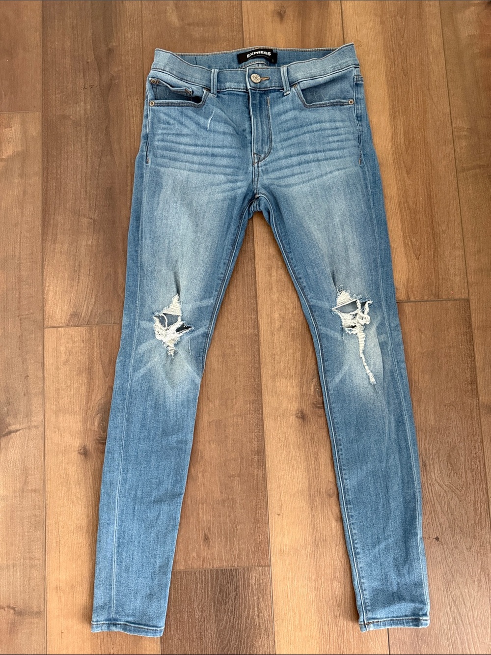 Express Light Blue Distressed Skinny Jeans